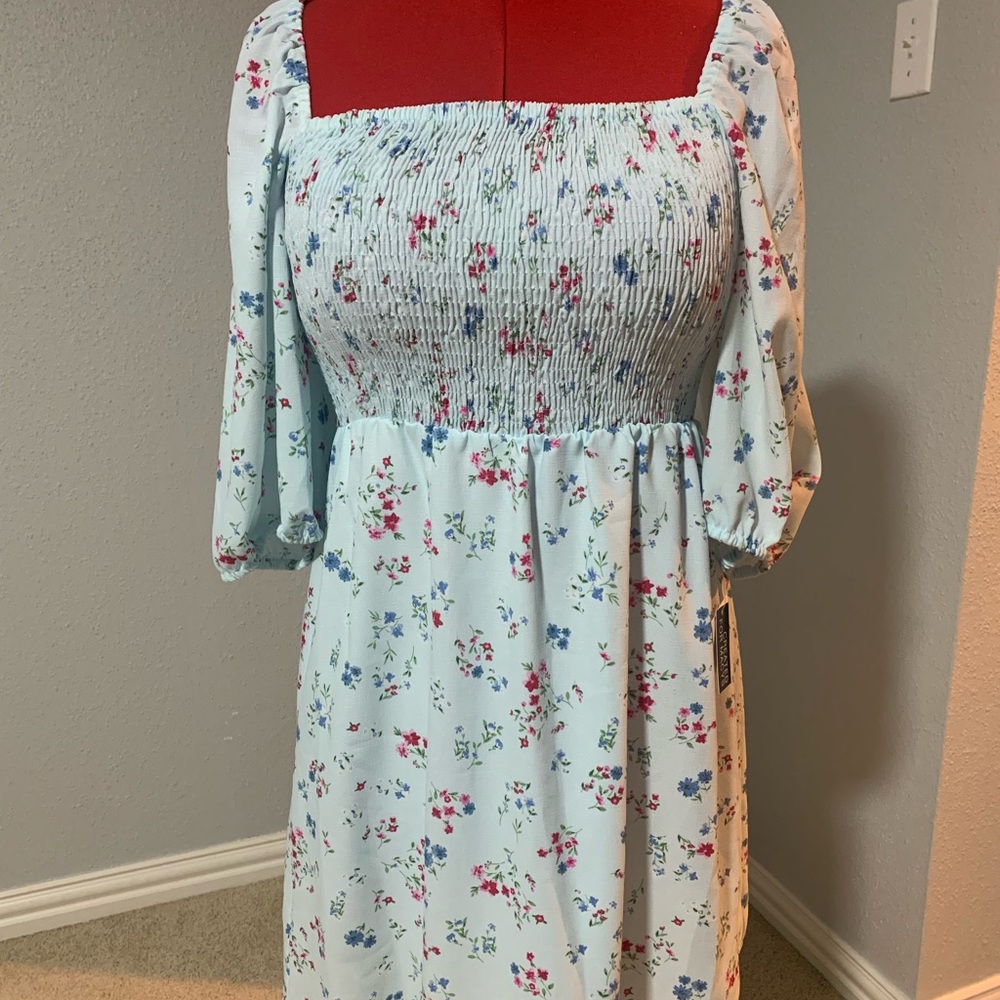 Bar III Light Blue Floral Long Sleeve Dress
